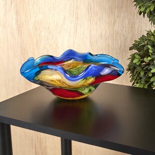 Hand Blown Glass Gold and Red Optic Twist Bowl