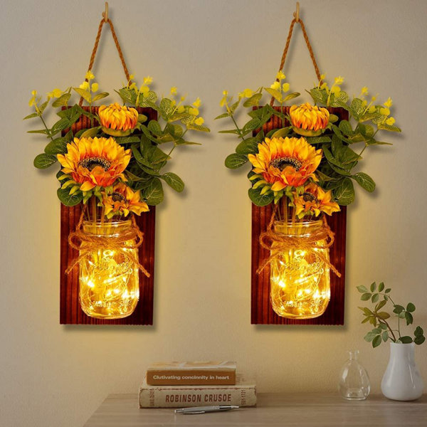 Mason Jar Wall Sconce Set of Two Handmade in USA Choice of Lights and Flowers 
