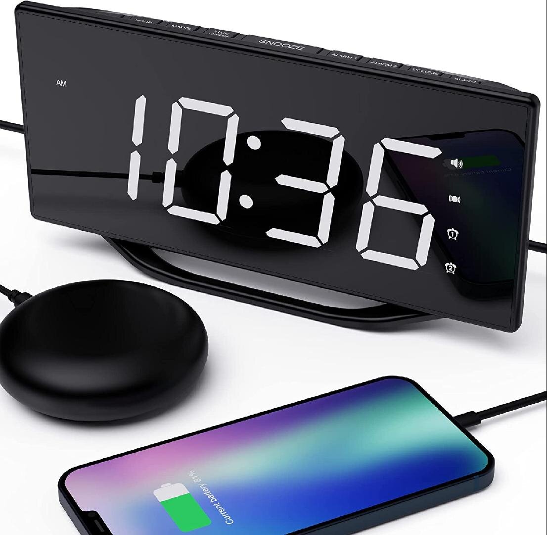 LED Large Digital Mirror Clock Modern Alarm Clock 2 USB Travel Clock Desk Lamp 