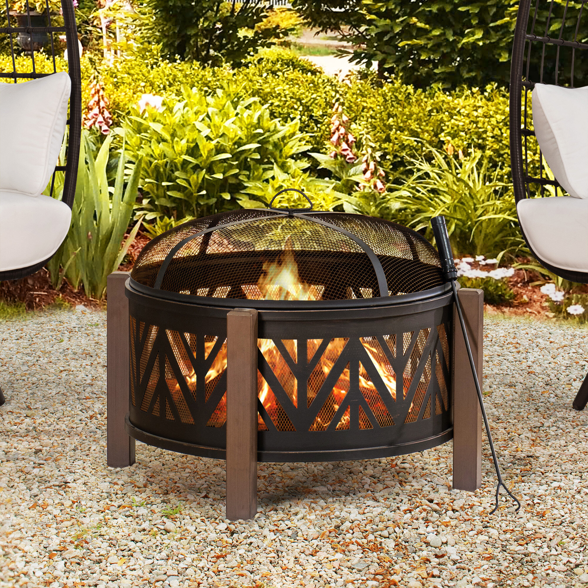 Steel Wood Burning Fire PitSpark Screen Included Weather Resistant, 