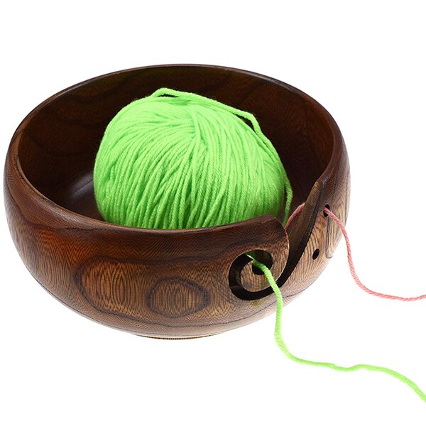 Wooden Yarn Bowl Holder Rosewood Storage Bundle 7"X4" Carved Knitting Handmade 