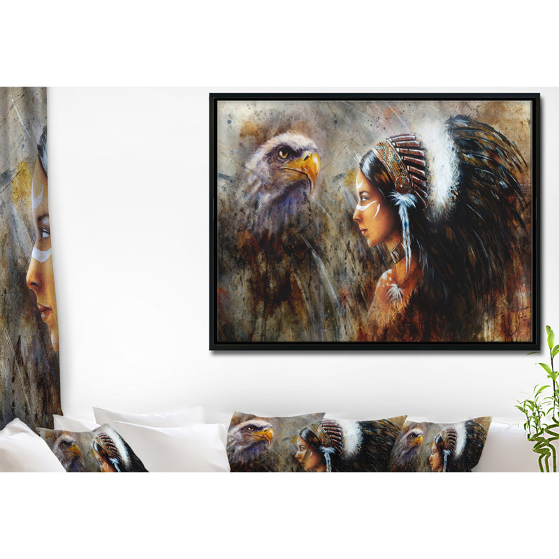 East Urban Home Indian With Feather Headdress Framed Oil