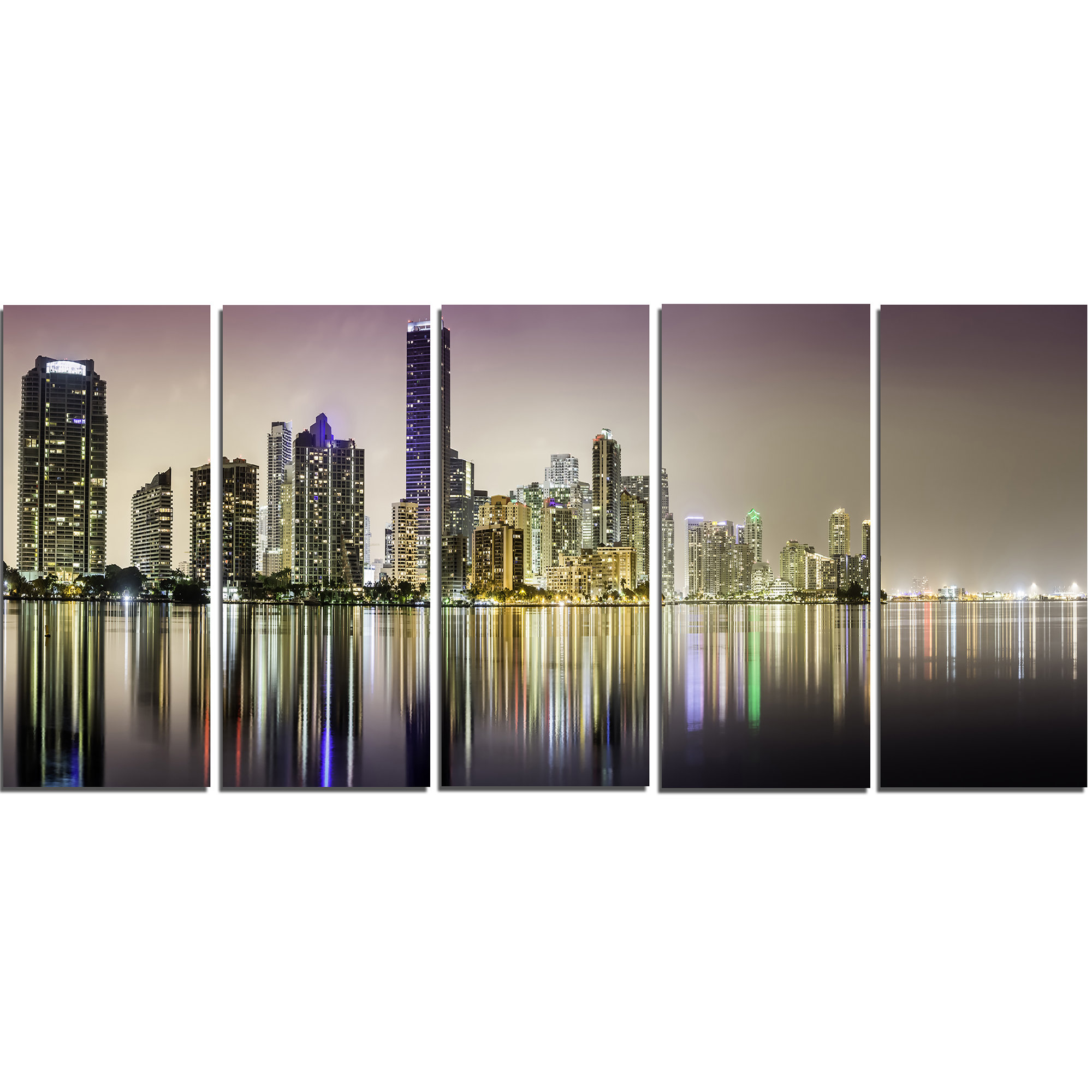 Designart Miami Downtown Night Panorama 5 Piece Photographic Print On Wrapped Canvas Set Wayfair