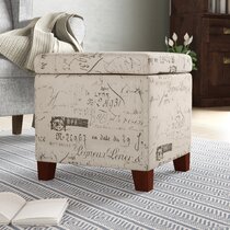 Accent Upholstered Seat Storage Bench Ottoman French Script Linen-Like Fabric 