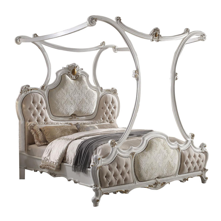Benjara Queen Tufted Solid Wood and Upholstered Low Profile Canopy Bed