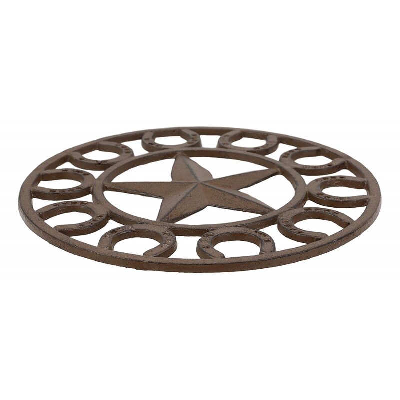 Western Lone Star with Horseshoes Border Cast Iron Metal Round Trivet 10/" Wide
