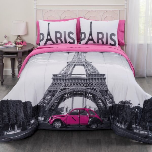 Pink & White Paris Eiffel Tower Comforter Set with Sheets AND Decorative Pillow 