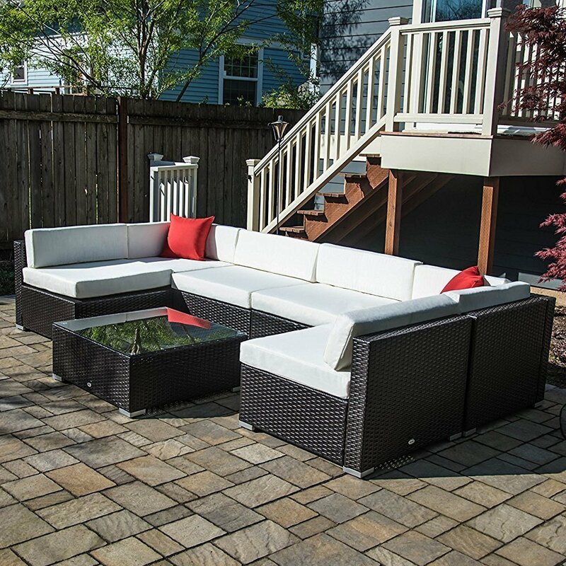 7 Piece Rattan Sectional Set with Cushions