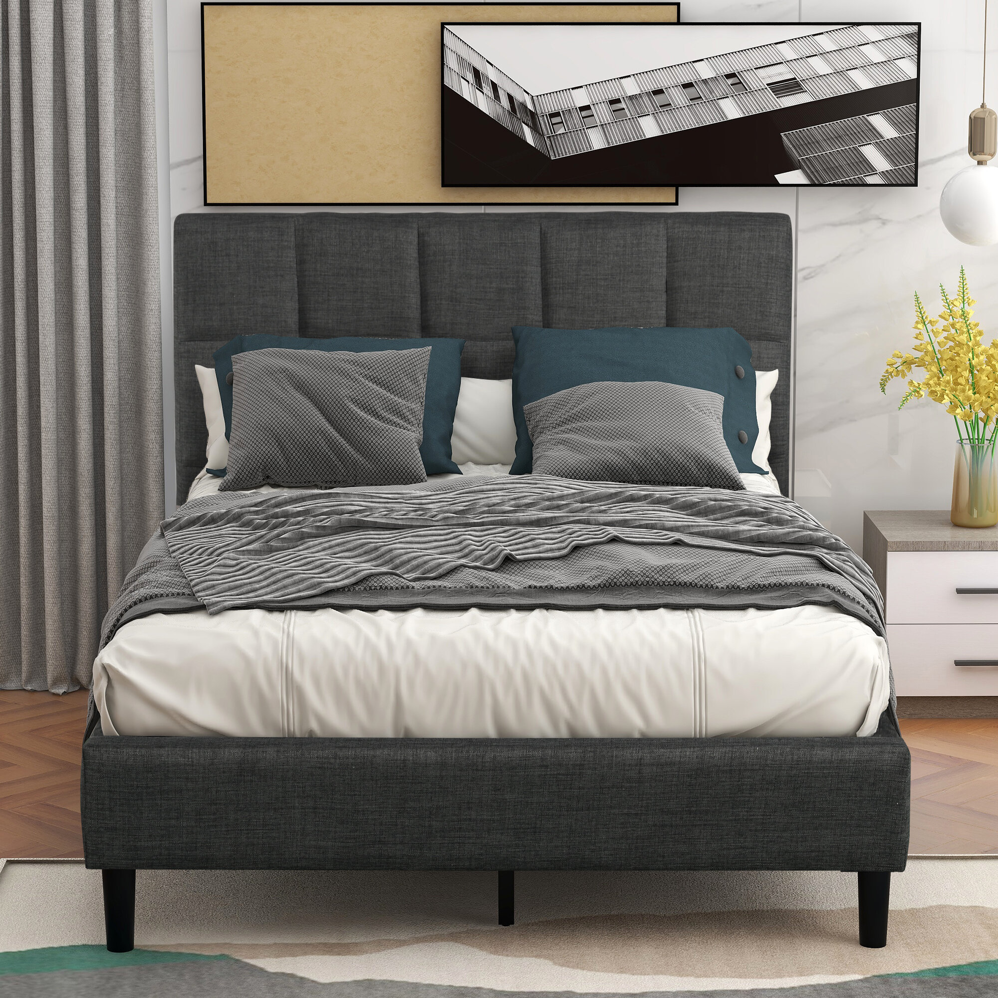 Details about   Full Queen Size Upholstered Platform Bed Frame Mattress Foundation Wood Slat 