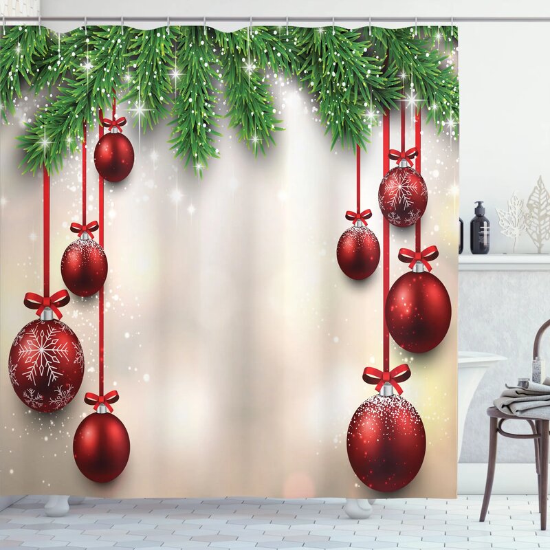 The Holiday Aisle® Christmas Red Balls Ribbons Single Shower Curtain ...