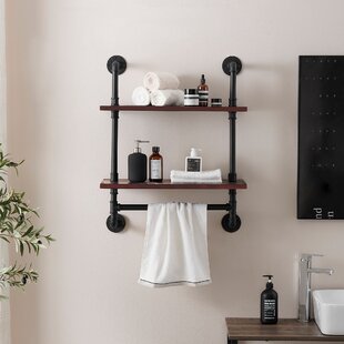 Details about   3-Tier Wood Shelf with Towel Bar Wall Mounted Industrial Floating Pipe Shelves 