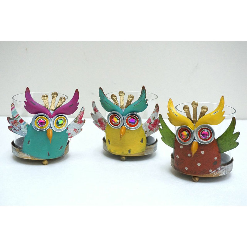 Attractiondesignhome 3 Piece Owl Hurricane Glass Metal Candle