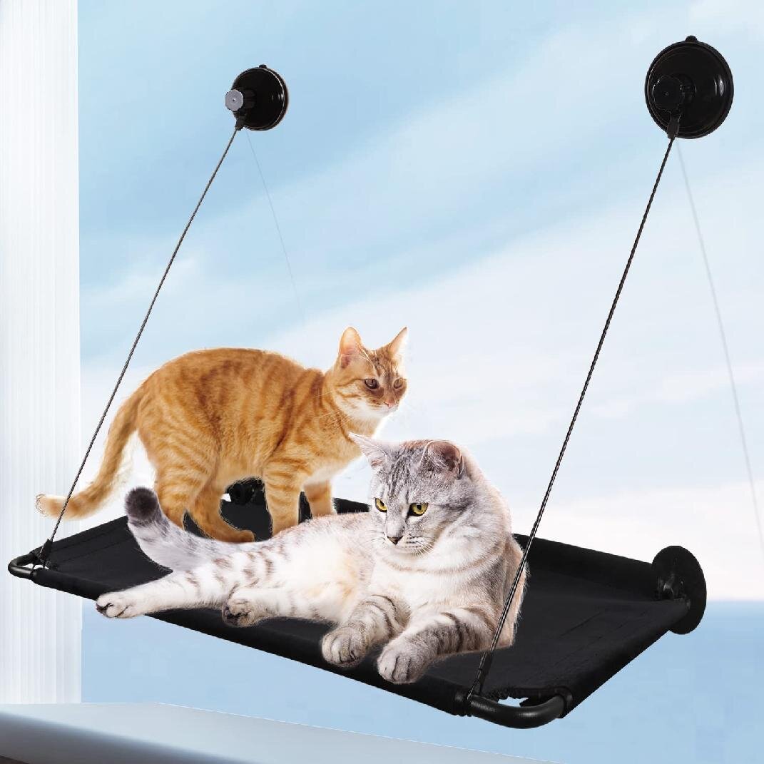 Double Layer Pet Linen Hammock with Suction Cup Strong Load Hang Pet Bed Fiberglass Rod Cat Shelf Suitable for Cat Kitten,Black Cat Window Perch