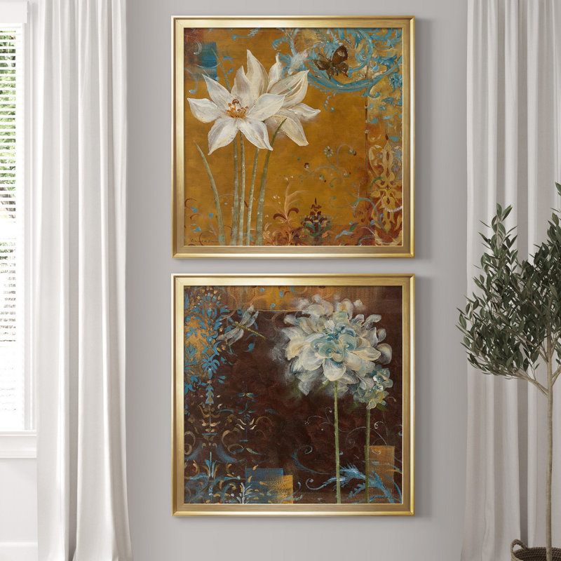 Krishna's Garden III - 2 Piece Picture Frame Painting Print Set Format: Gold Framed Canvas, Mat Color: No Mat, Size: 17.5" H x 35" W x 1.5" D