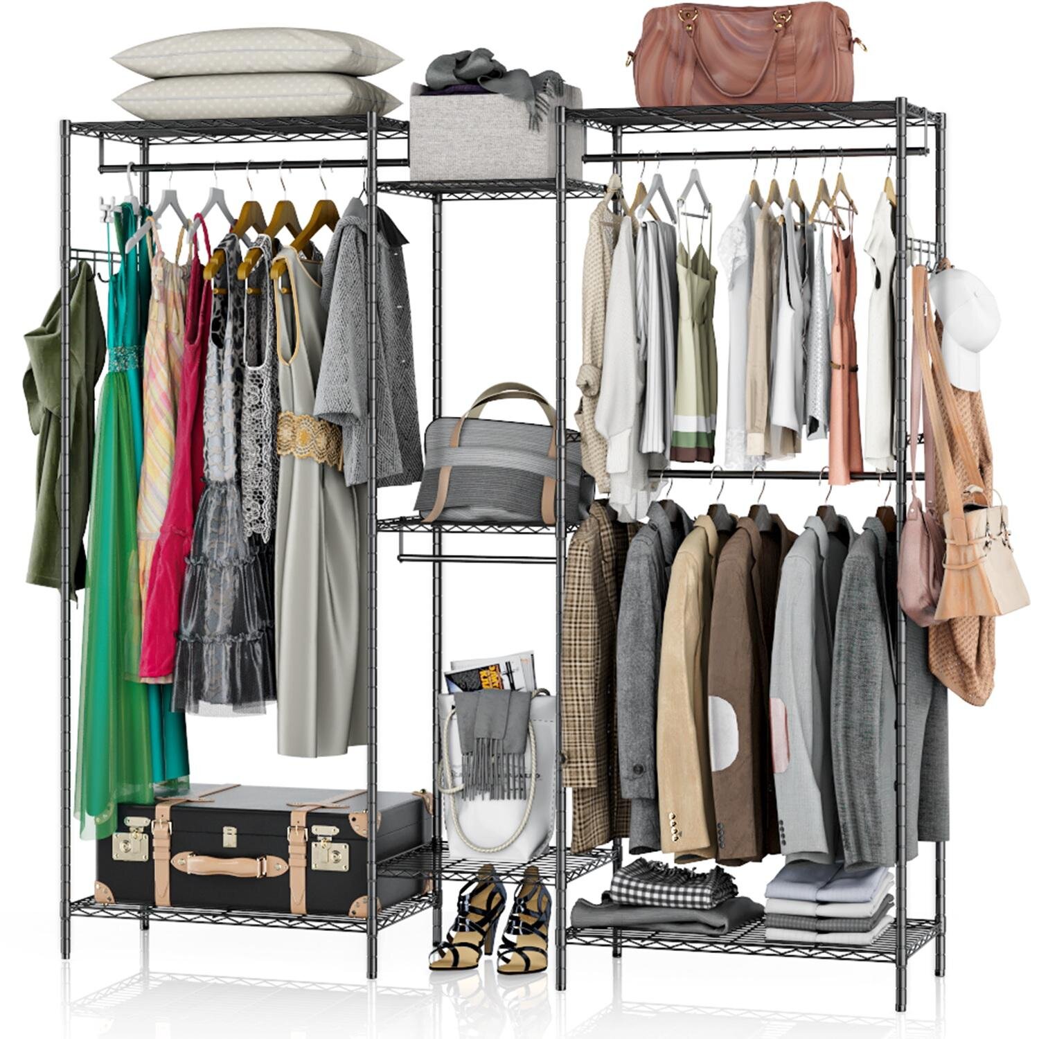 1 Rod Clothes Garment Rack on Wheels Metal Portable Modern Storage Multiple Shelf Rolling Extendable Organizer 