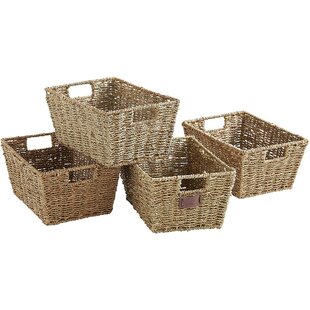 Set Of 3 Straw Grass Square Baskets With Handles Eco Friendly Home Storage Retro 