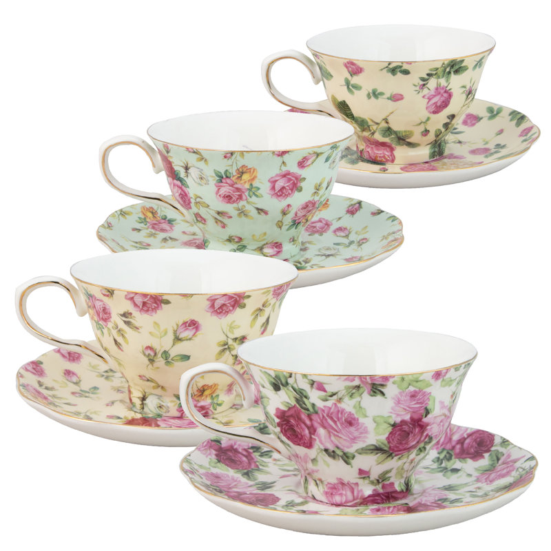 Ilian 8 Oz Porcelain Rose Chintz 4 Piece Tea Cup And Saucer Orted Set