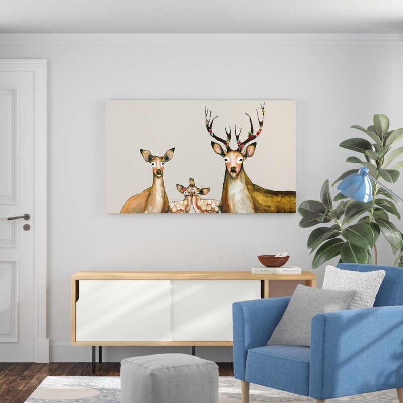 Flower Deer Family Painting Print On Canvas