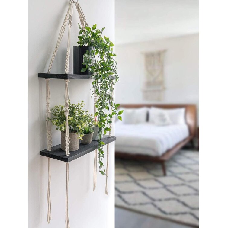 Hanging Shelves With White Cotton RopeFloating Wood Wall Shelves For Bed Bath 