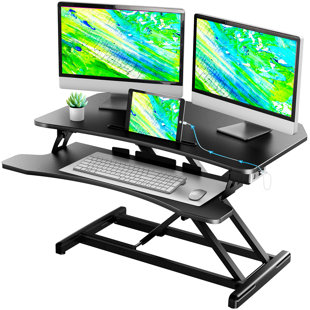 R DADRB-46-ACUSB Desktop AC USB Charger Tall Computer Workstation Black Sit Stand Up Triple Monitor Riser Rocelco 46 Height Adjustable Standing Desk Converter Retractable Keyboard Tray 
