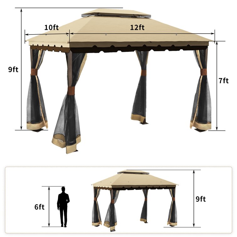 YITAHOME 10x12 ft Gazebo for Patio Backyard and Deck 10 X 12 Khaki Garden Outdoor Double Roof Canopy Gazebo with Mosquito Netting, Soft Fabric Top Garden Winds Tent with Steel Frame for Lawn 