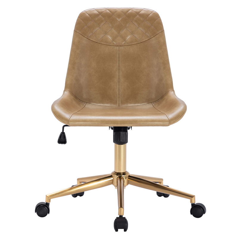 Keavey 23" wide Leather Mid Back Armless Swivel Adjustable Seat Height Home Office Task Chairs Upholstery Color: Camel, Frame Color: Black