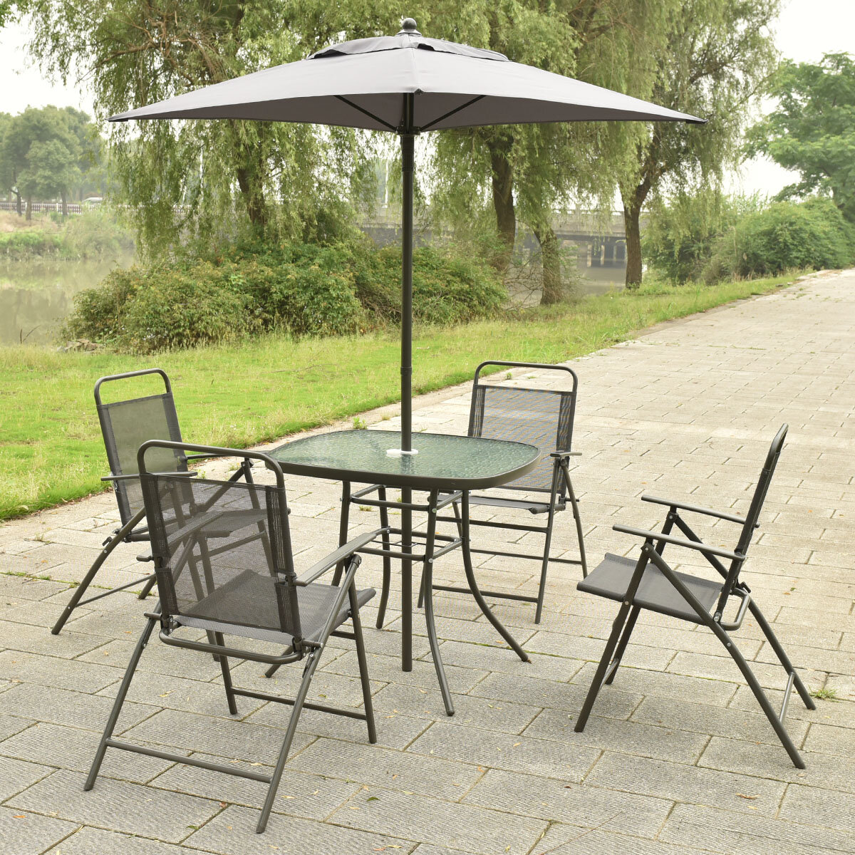 glass table patio set with umbrella