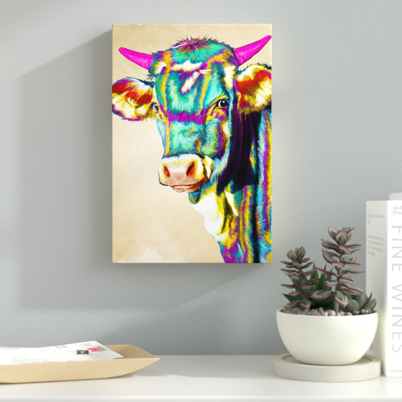 Latitude Run Colorful Glam Cow Wrapped Canvas Acrylic Painting