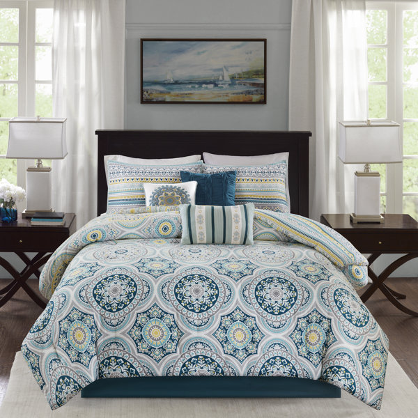 Comforter Bedding Set 7pc Classic Noir Damask Pattern Bold Neutral Colors Soft Prathipaksham In