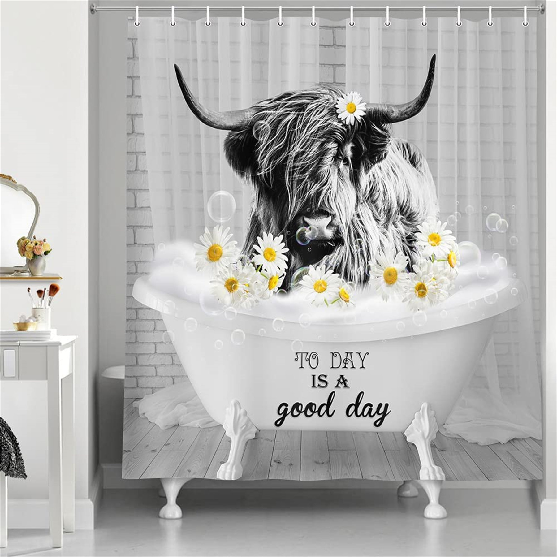 Watercolor Cow with Flowers Bathroom Decor Shower Curtain Set Waterproof Fabric 