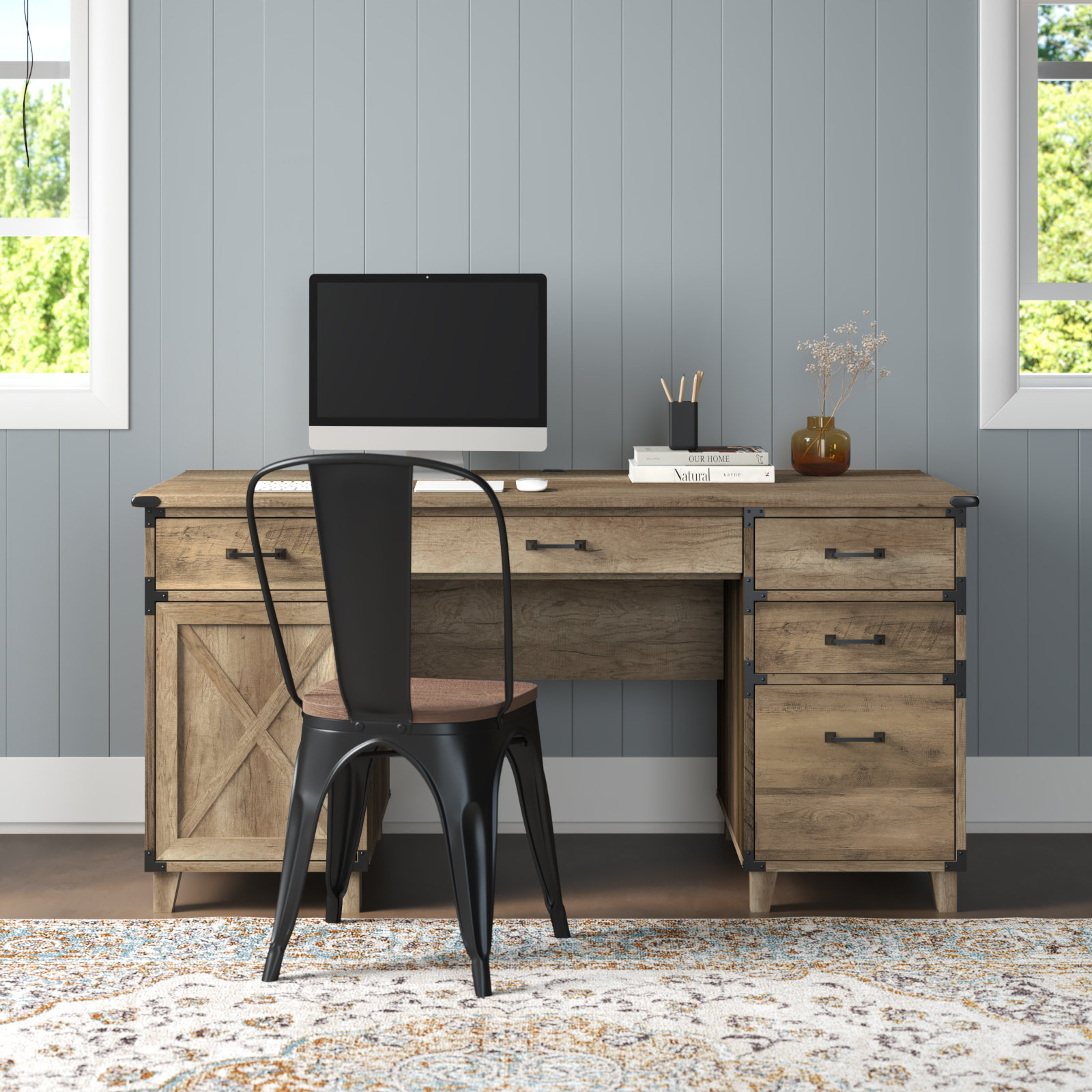 distressed oak wood paige desk with drawers