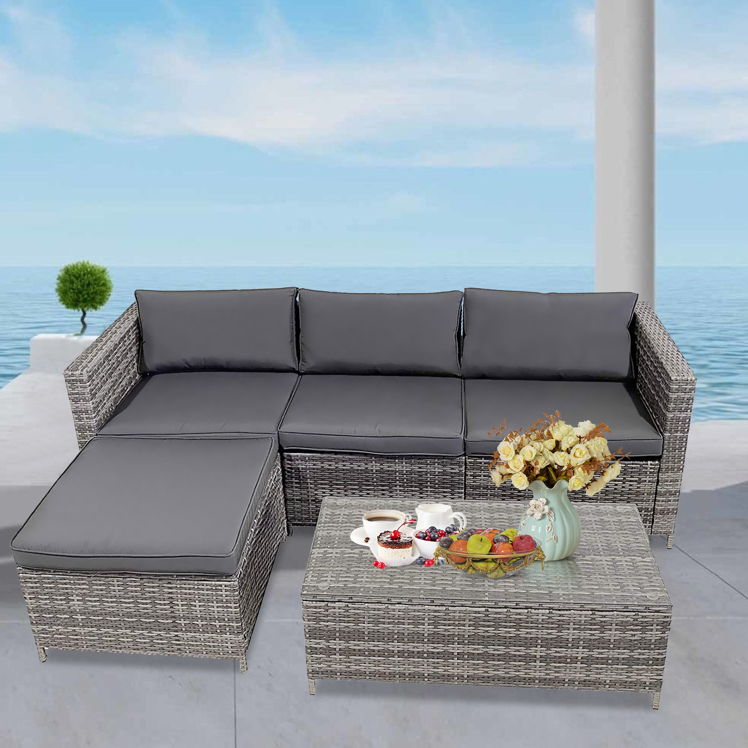 Latitude Run 5 Pieces Wicker Patio Sofa Set Weather Resistant Garden Furniture Sofas High Quality And Durable Rattan 3 Seat Couch With Ottoman And Rectangular Tea Table Grey Wayfair Ca