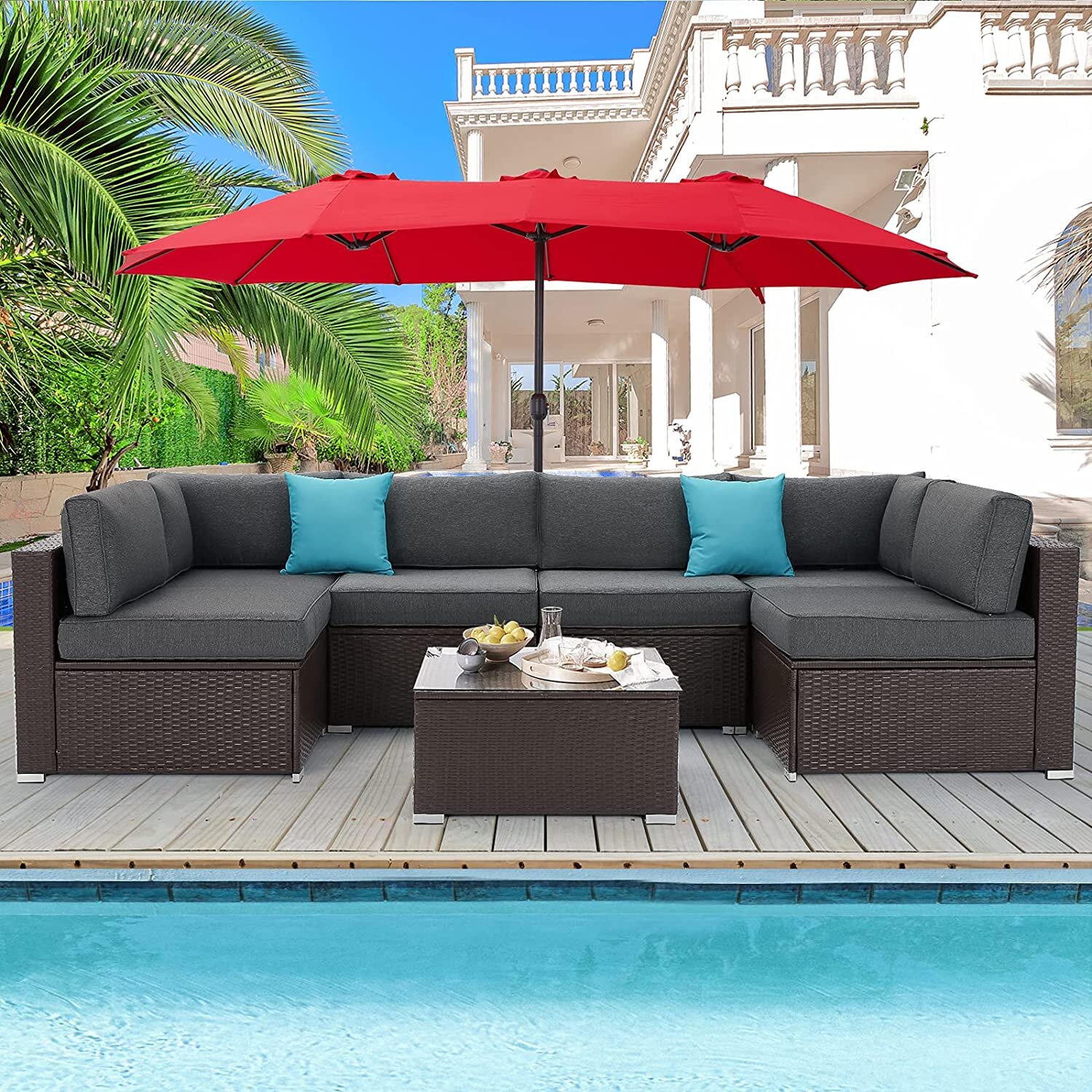 AECOJOY 6 Pieces Outdoor Patio PE Rattan Wicker Sofa Cushioned Sectional Furniture Set with Pillows