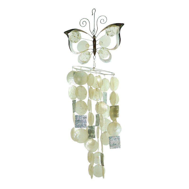 Wind Chime Butterfly Pink Green Painted Metal Flowers on Wings Yellow Bell New