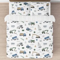 Fancy Collection 3pc Full Size Quilted Bedspread Set Vehicles Trains Cars Trucks Blue Green Red Orange Black New