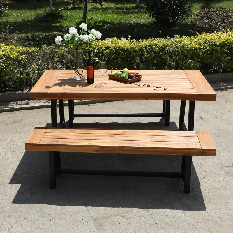 Gracie Oaks Outdoor Patio Wooden Dining Set Of 2 With 1 Table And 1 Bench Oil Finished Acacia Wood Table And Bench Set For Indoor Patio Porch Modern Outdoor Dining Furniture Teak