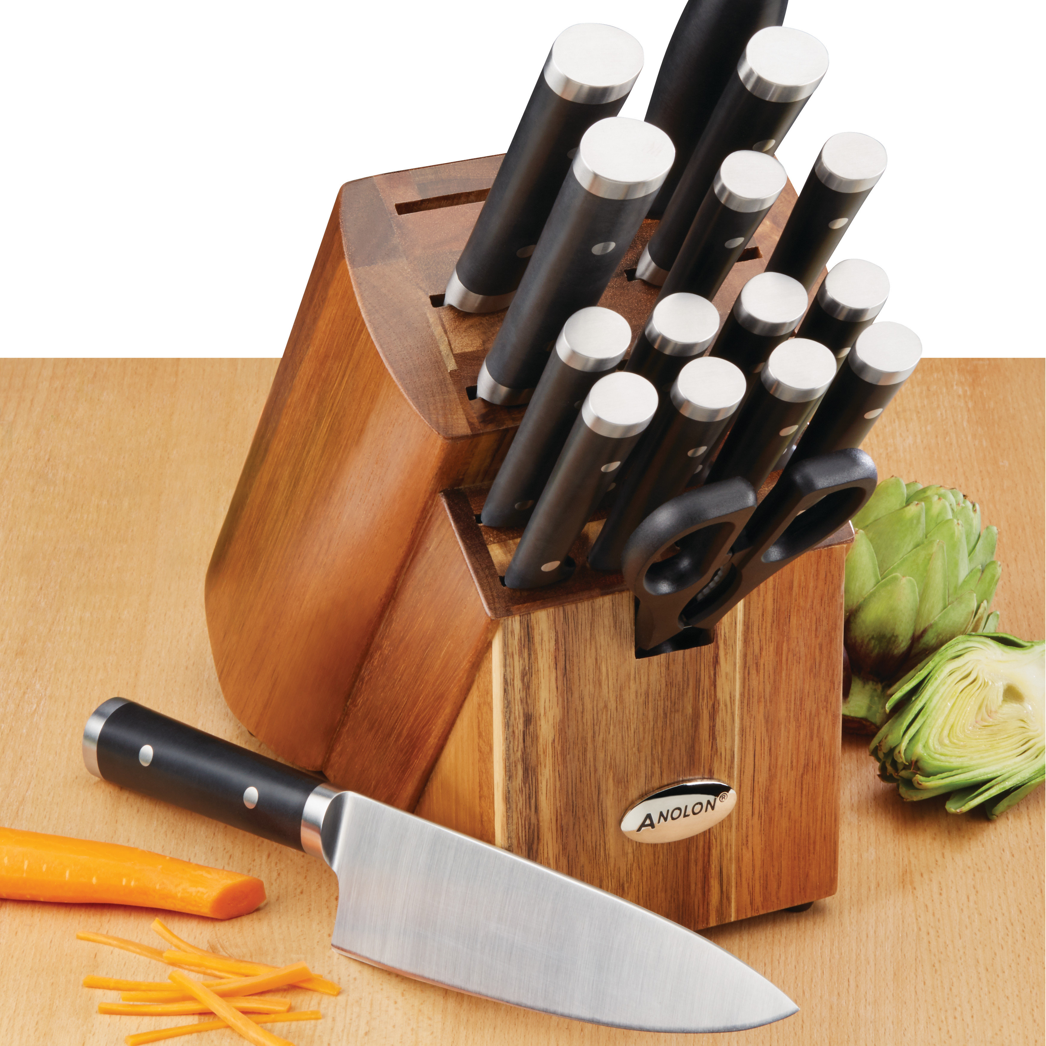 Anolon Cutlery 17Piece Japanese Stainless Steel Knife Block Set, Black