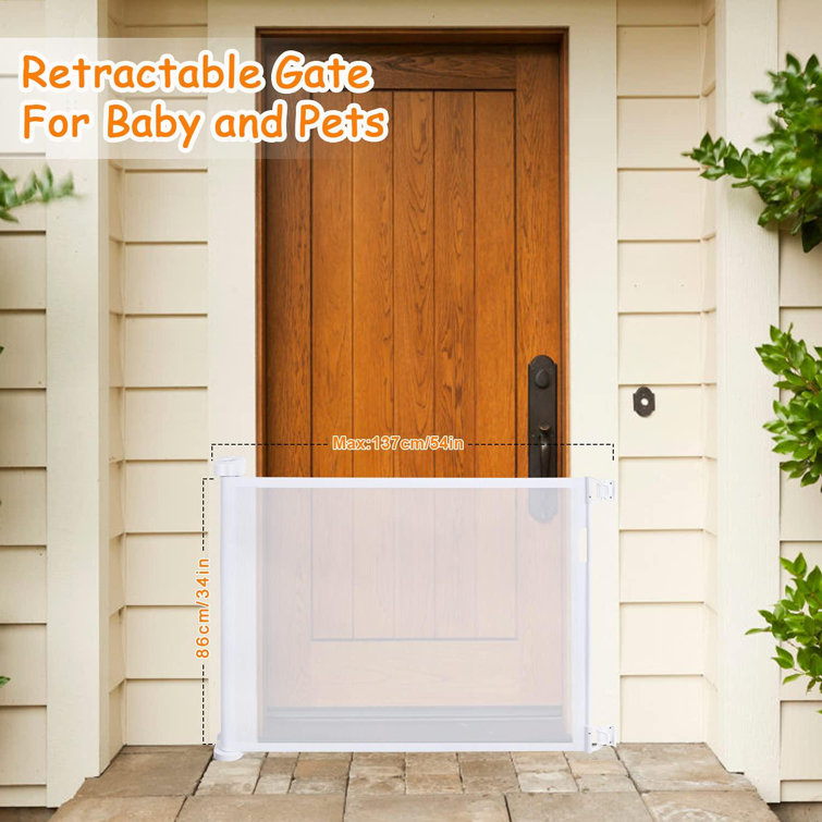Tucker Murphy Pet Retractable Baby Gate Wide Mesh Gate Easy To Roll And Latch For Stairways Doorways Hallways Patios Deck Banisters Flexible And Extensible Dog Gate Up To 54 Inch Wide Wayfair
