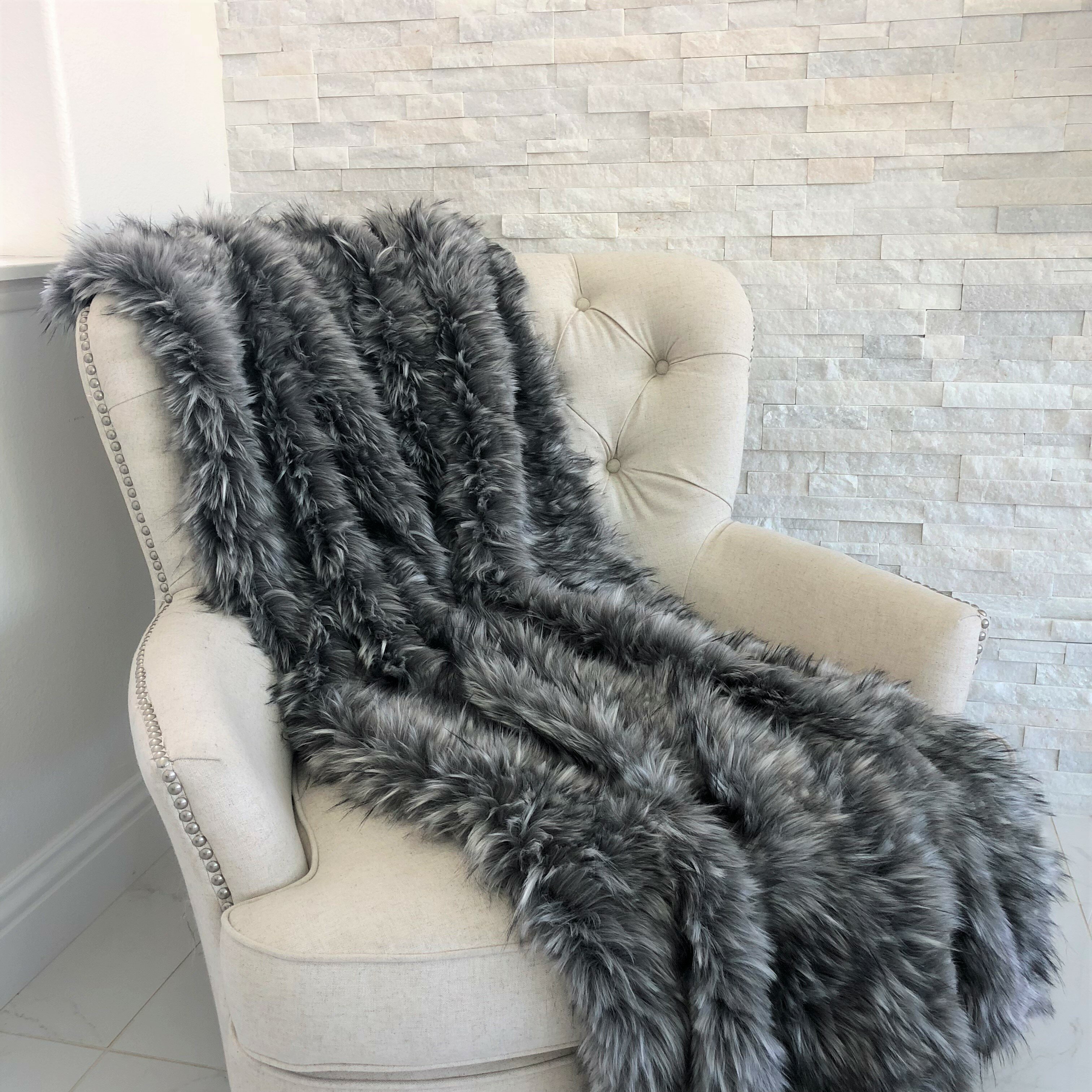 Free Shipping Luxurious Faux Fur Black Wolf Fur Throw Large 54" x 60" 