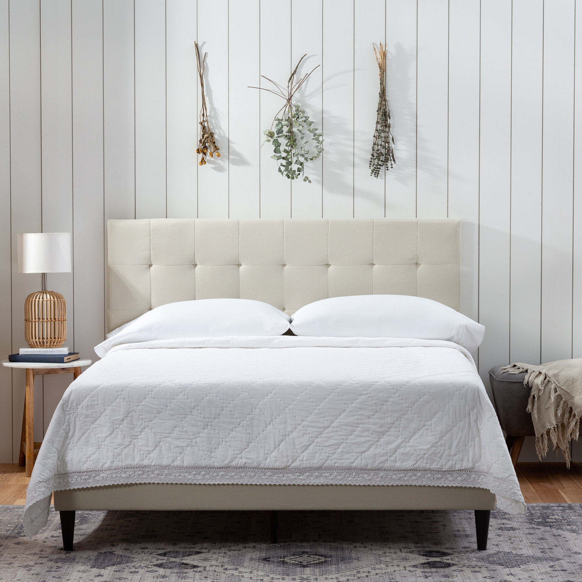 Full/Queen King Beige Platform Bed Frame with Wooden Slats and Nailhead Decro 