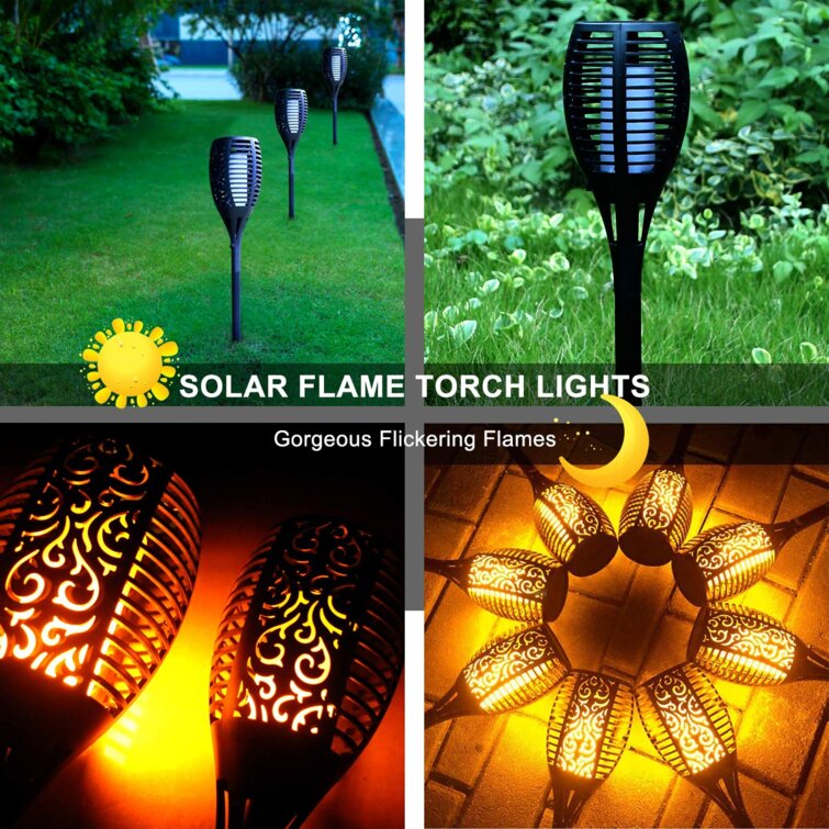 Set of 2 Solar Dancing Flame LED Torch Stake Flickering Outdoor Garden Lights 