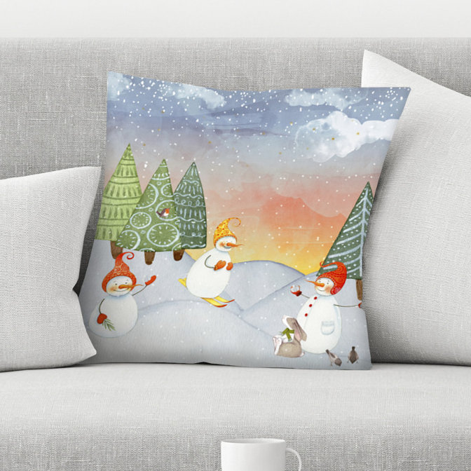 East Urban Home Skiing Snowman In Winter Forest With Bunny Throw Pillow Wayfair