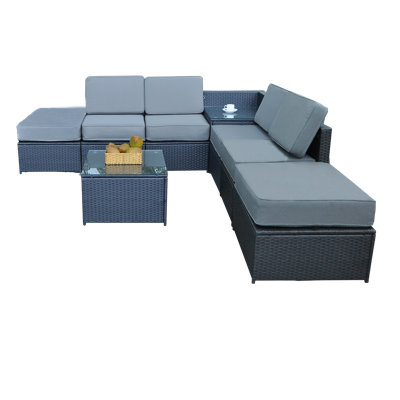 Aahiluddin Outdoor Patio Wicker Rattan Conversation Set with Cushion and Glass Table Top