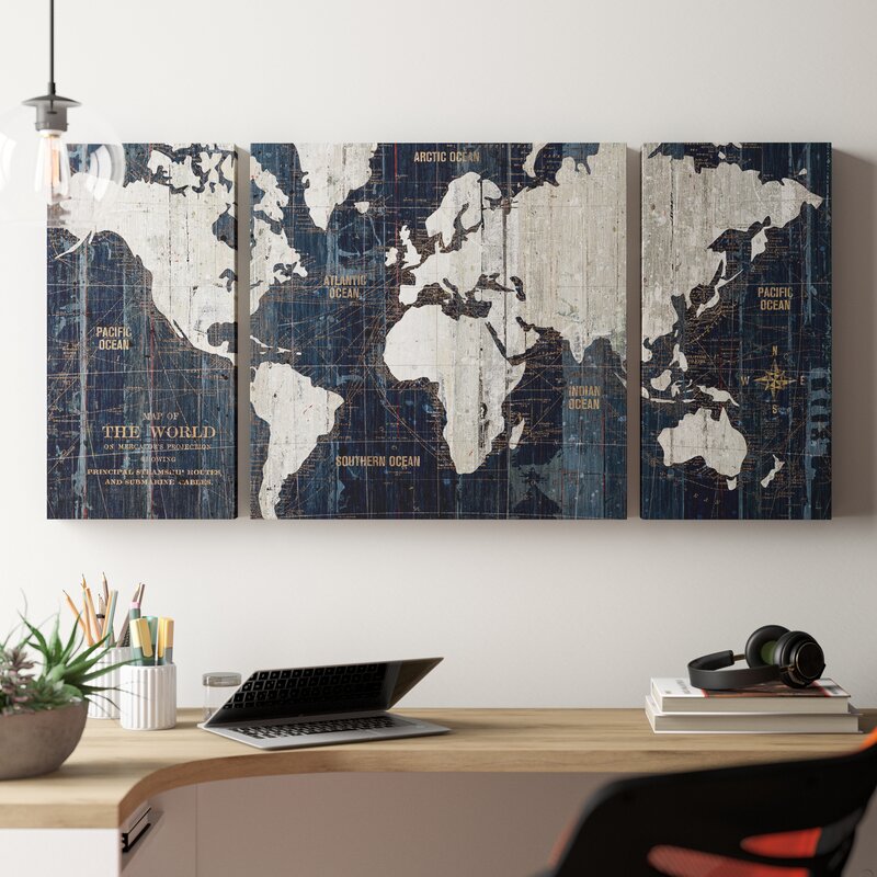 Wrought Studio Old World Map Blue 3 Piece Wrapped Canvas Graphic Art Print Set Reviews Wayfair