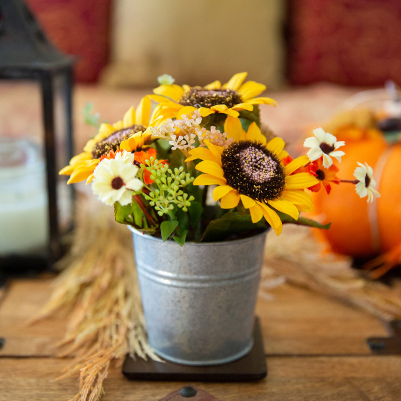 8" Tall Sunflowers Mix Floral Arrangement in Tin Pot