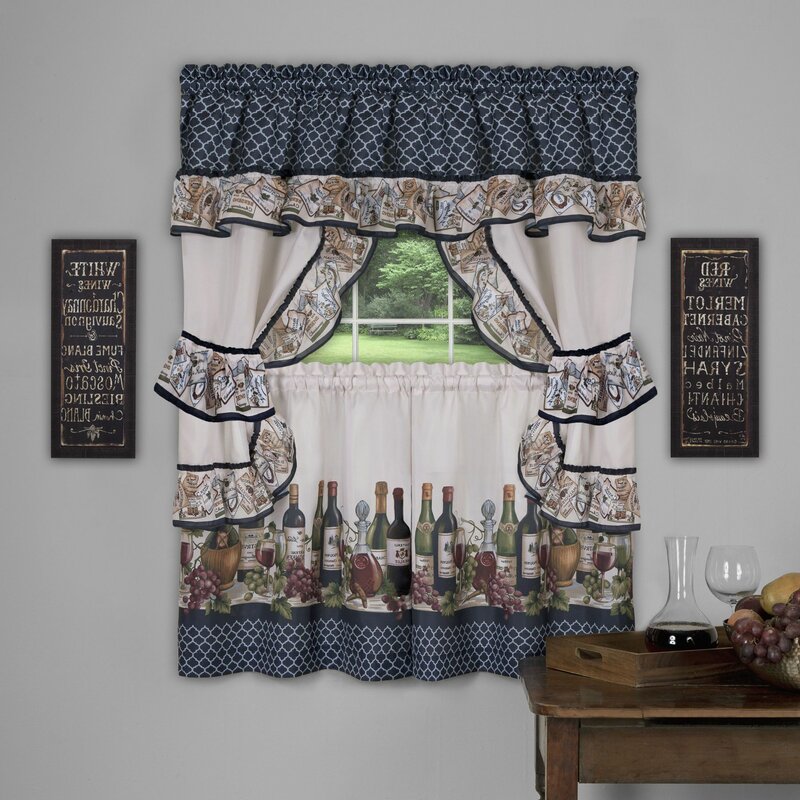 Grape Wine Bottle Curtains 3-pc Tiers /& Valance Set Kitchen Tuscan Decor
