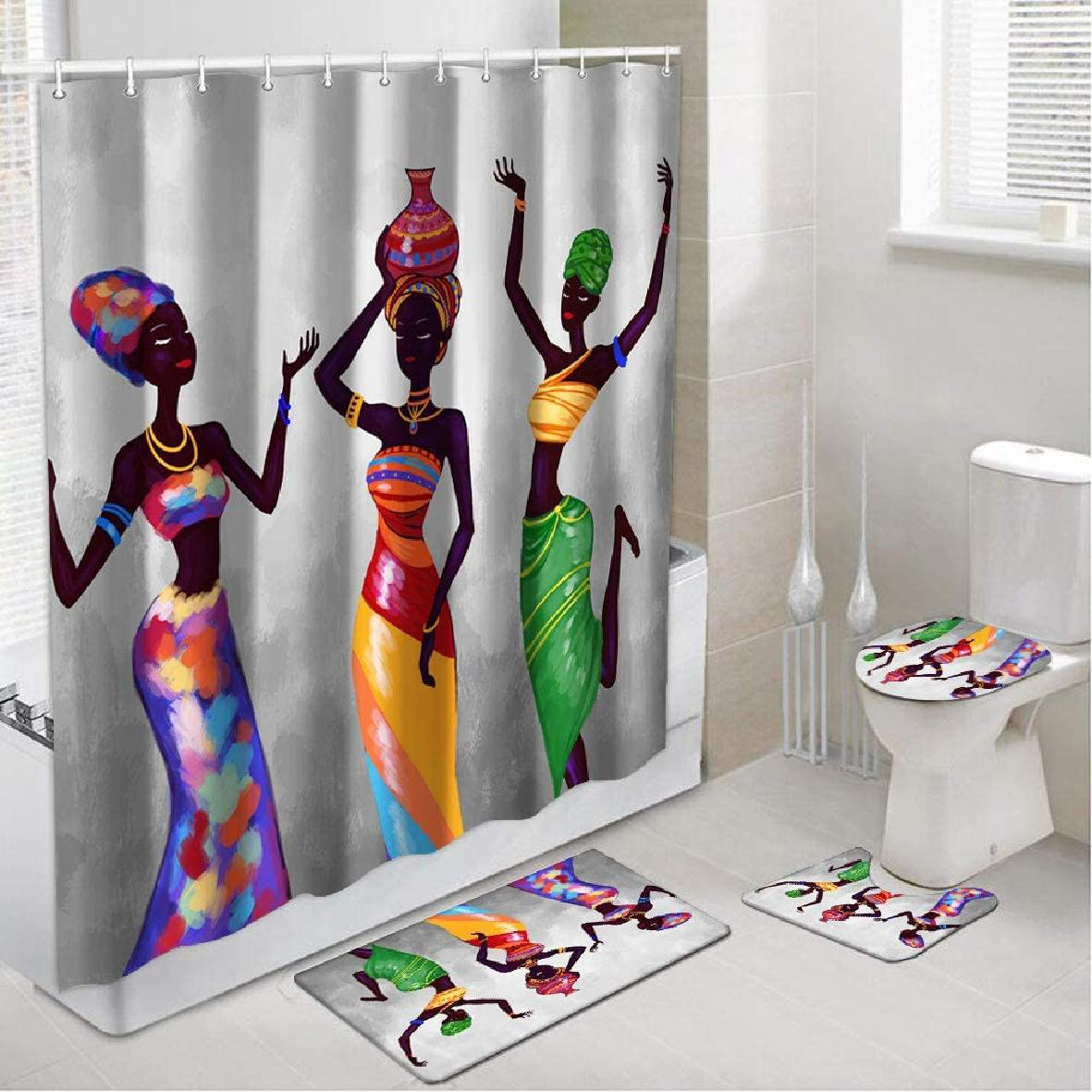 African Women Bathroom Rug Set Shower Curtain Non Slip Toilet Lid Cover Bath Mat 