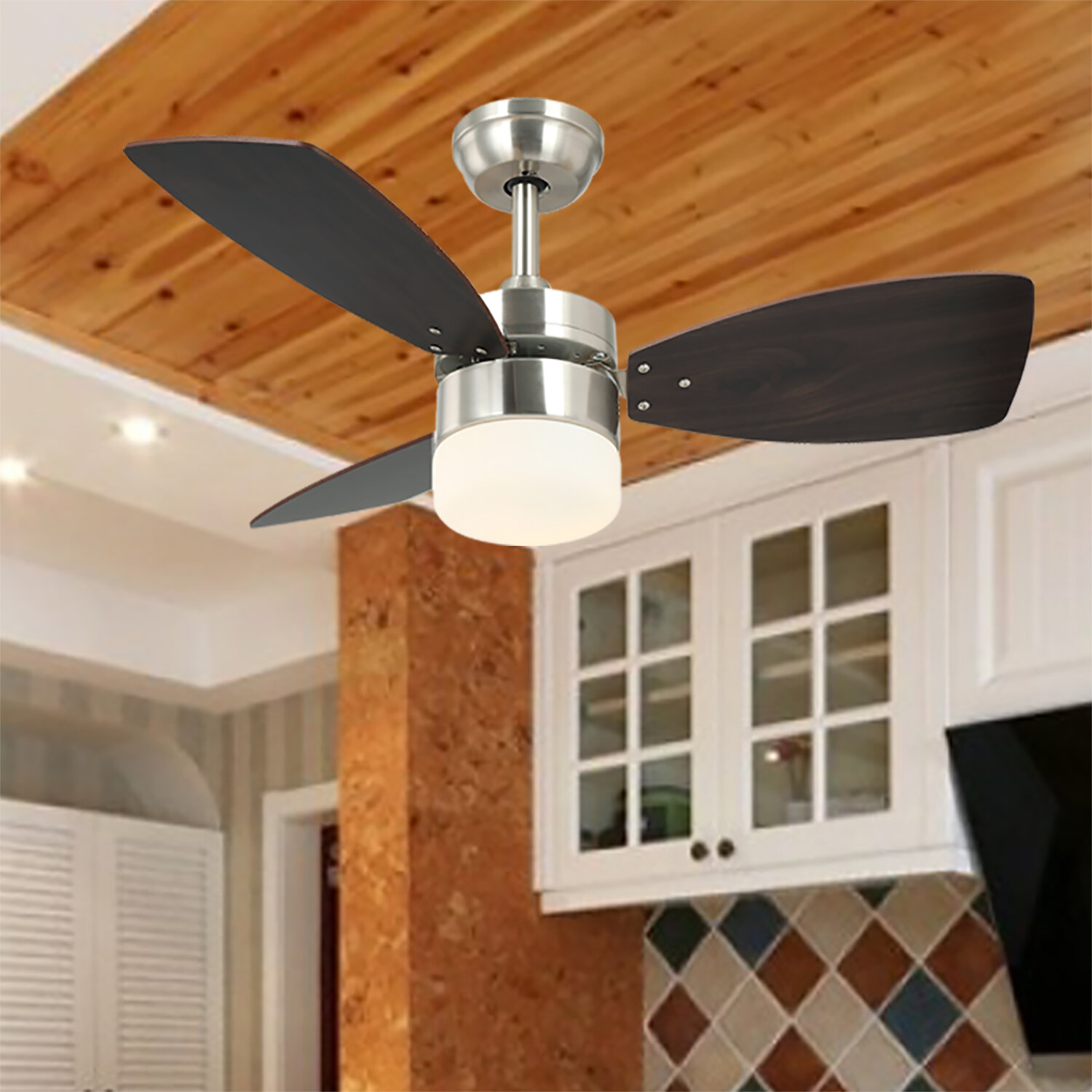 Ventilateur de Plafond Lampe abat-jour en verre 2 flux d´air Télécommande Noyer 