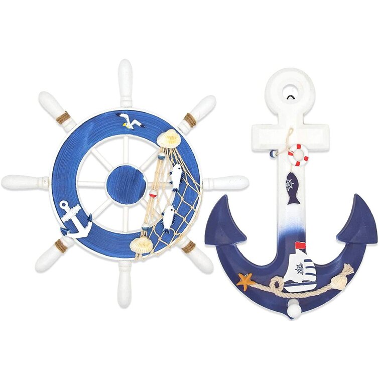 2 Pack 11/" Nautical Beach Wooden Ship Wheel and 13/" Wood Anchor with Dark Blue