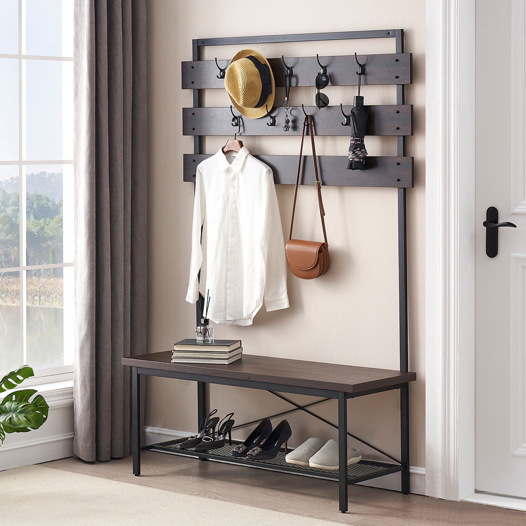 Hall Tree Entryway Hat and Coat Stand Hallway Shoe Rack Bench with Shelves&Hooks